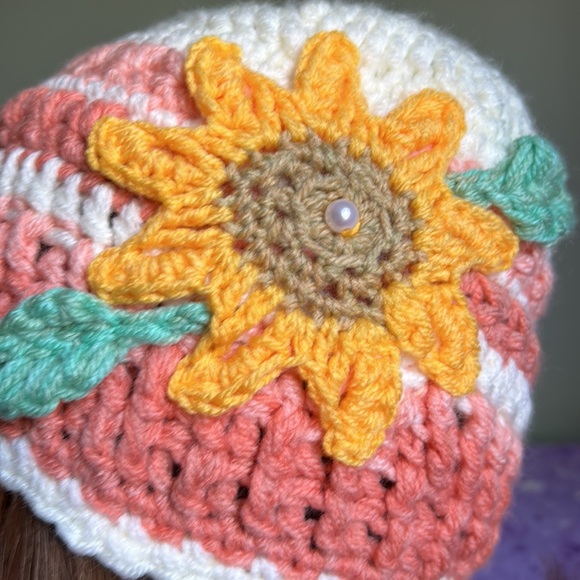 Crochet flower beanie medium soft mandala acrylic yarn new - Picture 2 of 9